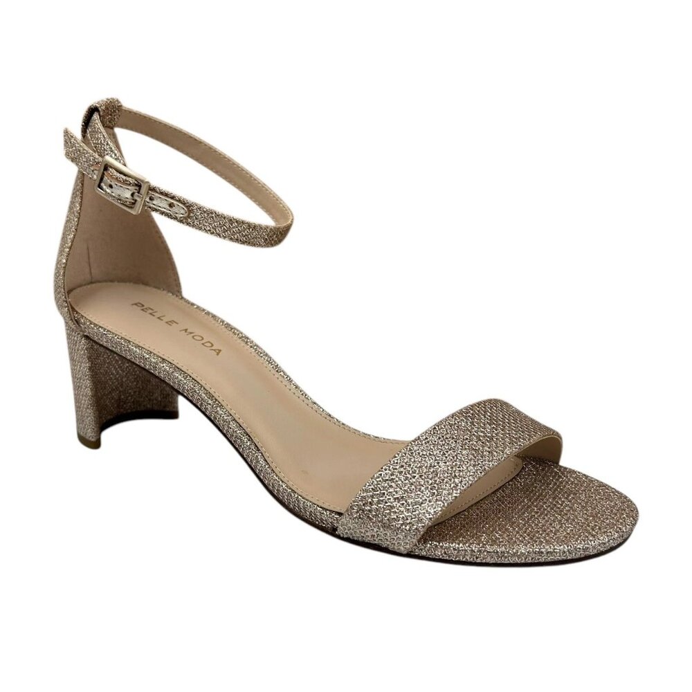 Pelle Moda Women’s Monroe Sandal 8.5 Metallic Plat Gold Block Heel Ankle Strap‎